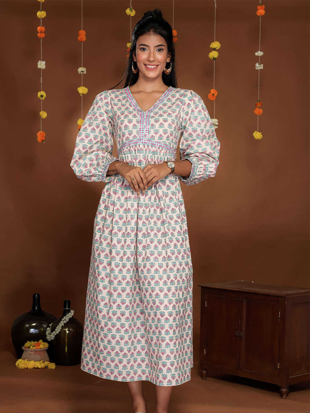 Aaheli Floral Printed V Neck Puff Sleeves Fit & Flare Midi Dress