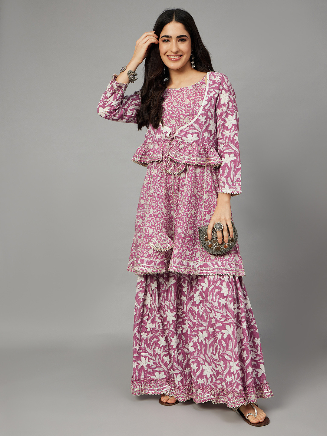 Aaheli Floral Printed Regular Gotta Patti Pure Cotton Kurta with Sharara & Jacket