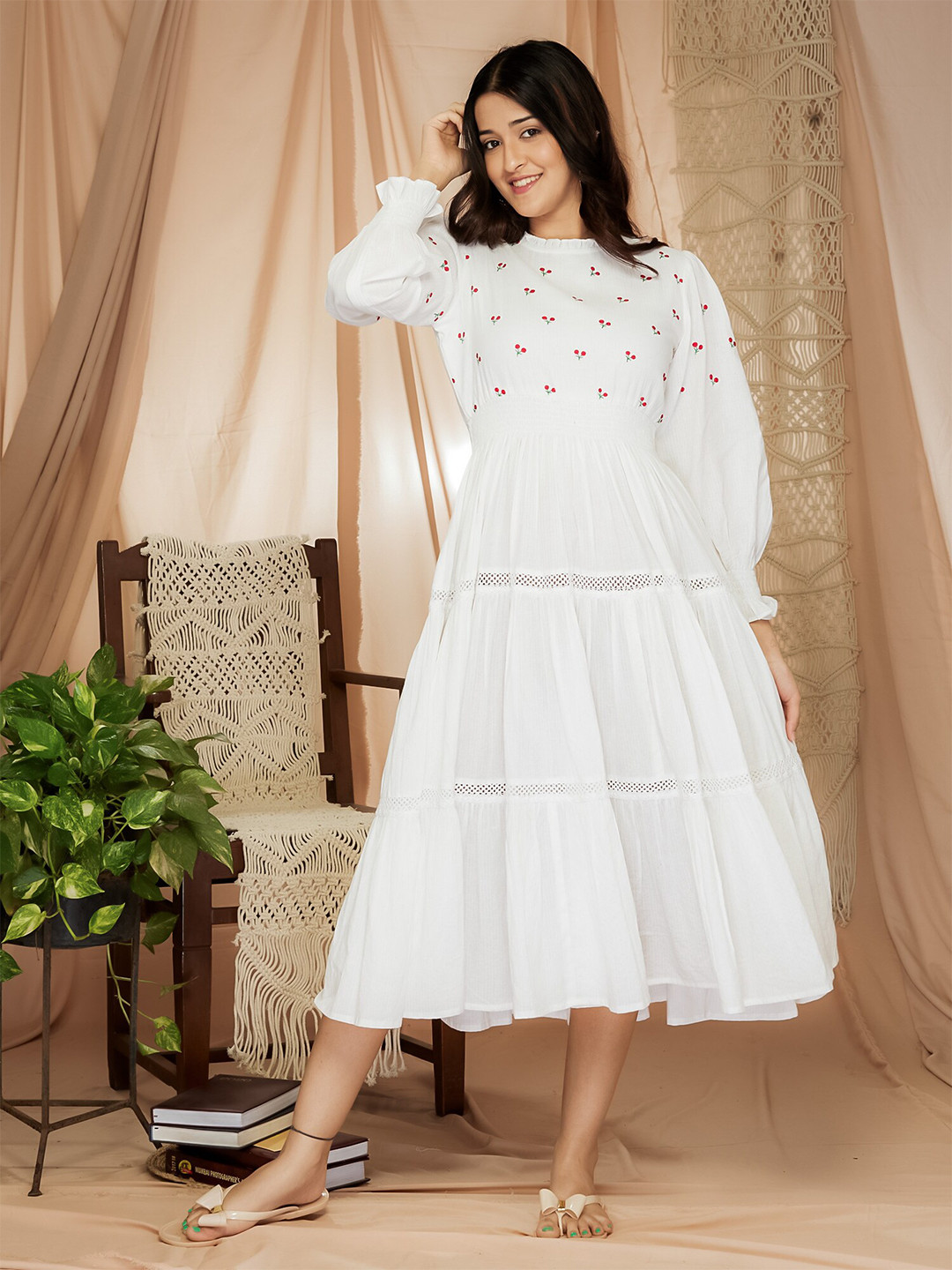 Aaheli Self Designed Lace Detailed High Neck Puff Sleeves Fit & Flare Dress