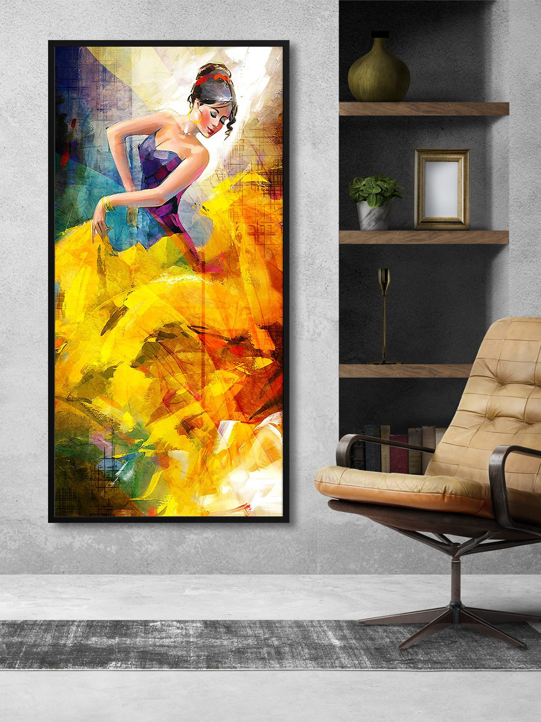 999Store Yellow & Blue Flamenco Dancer Modern Art Printed Framed Canvas Wall Art