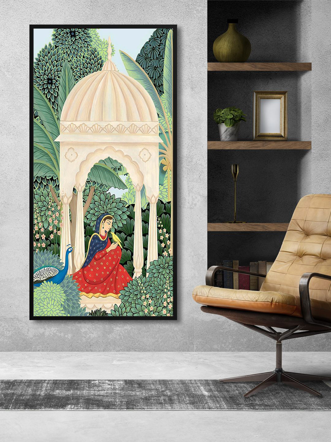 999Store Green & Red Lady Sitting With Bird Canvas Painting Wall Art