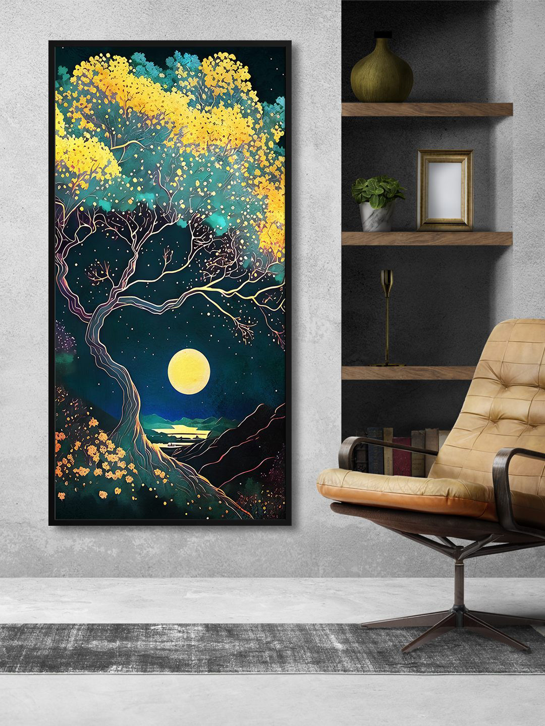 999Store Yellow & Green Tree With Mountain And Sun View Painting Wall Art