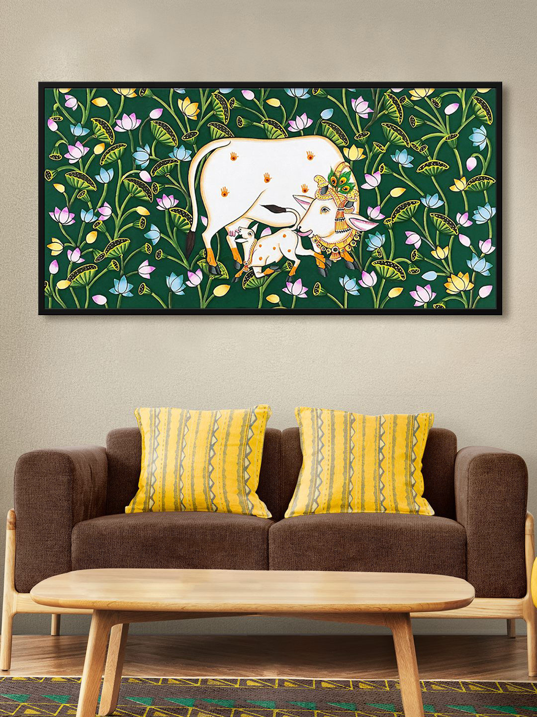 999Store White & Green Cow With Calf Printed Framed Canvas Wall Art
