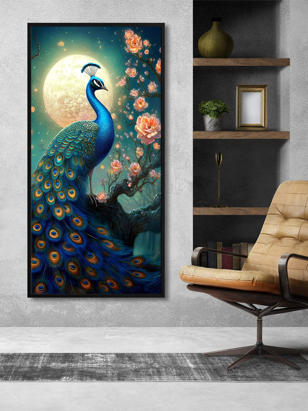 999Store Green Peacock Long Big Canvas Painting Modern Wall Art