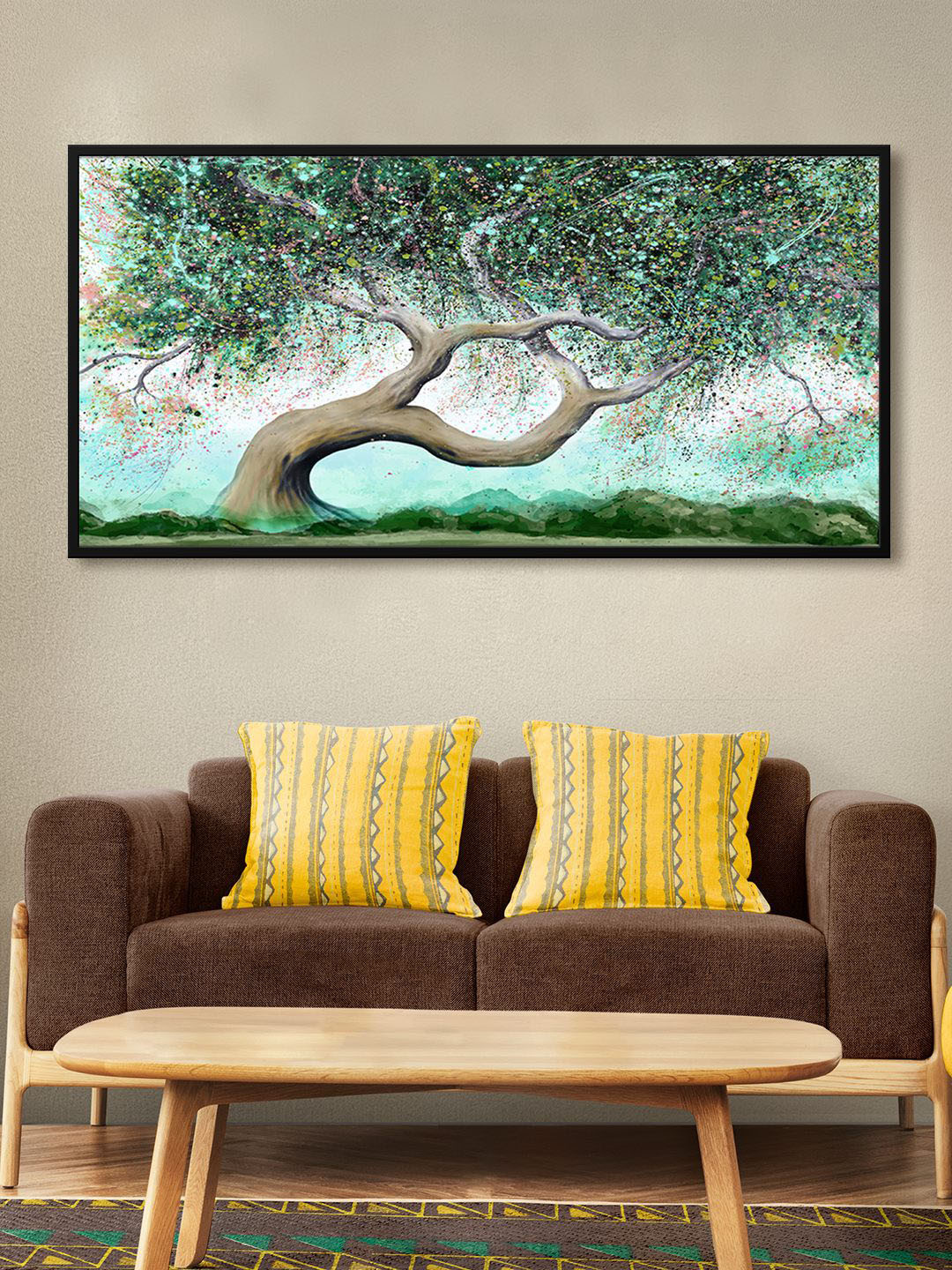 999Store Green & Grey Big Tree Painting Framed Canvas Wall Art