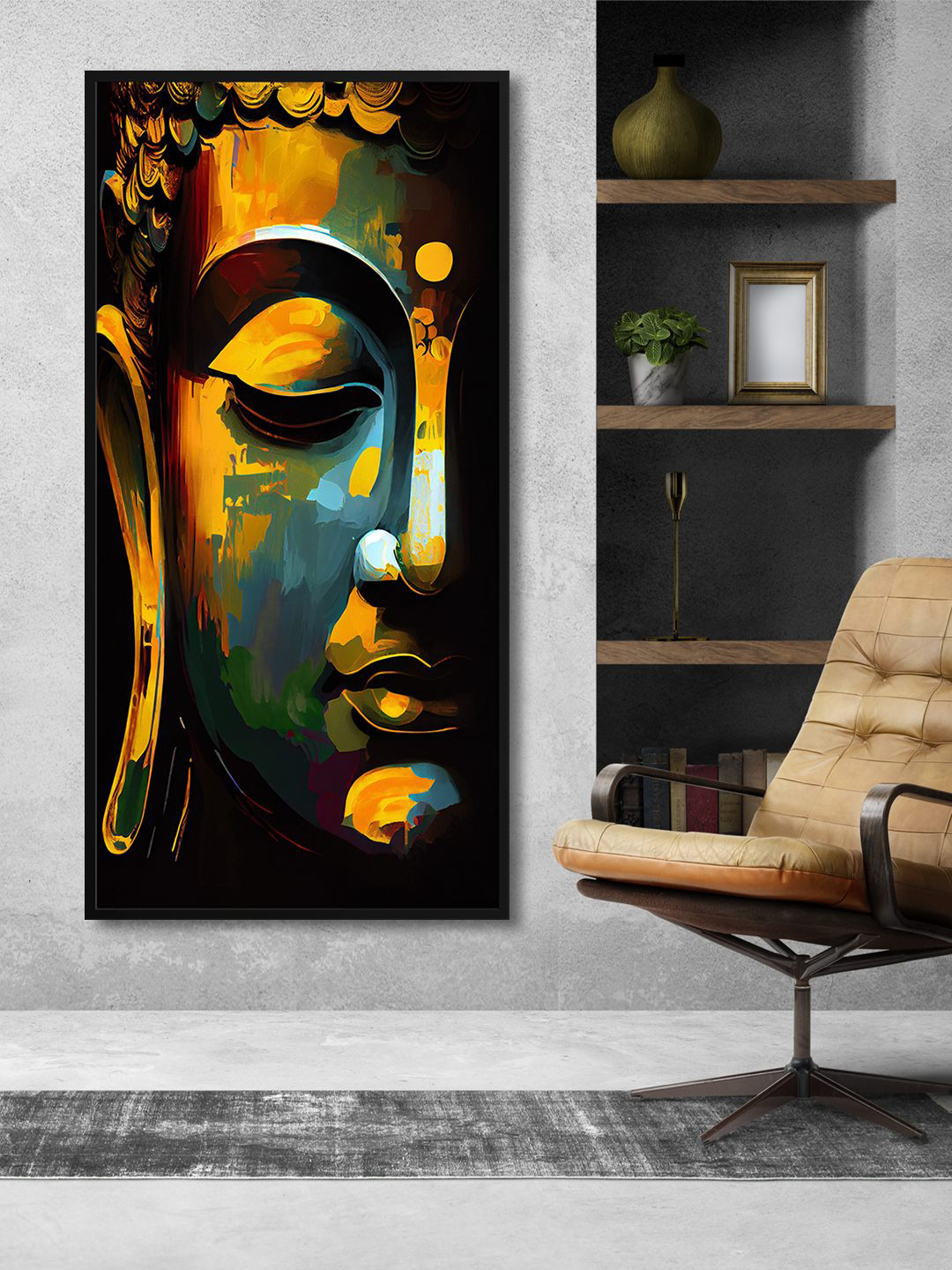 999Store Yellow & Blue Lord Buddha Half Face Painting Framed Wall Art