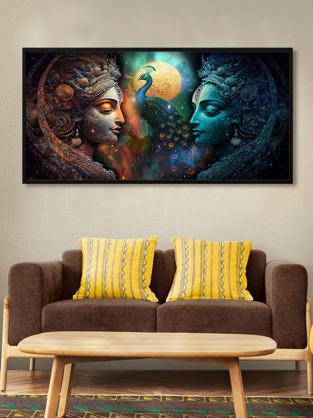 999Store Blue & Orange Two Face Of Radha With Peacock Framed Canvas Wall Art
