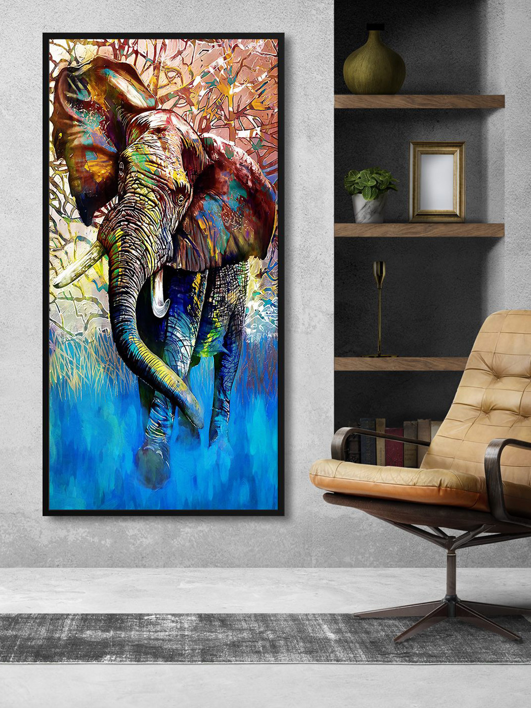 999Store Brown & Blue Elephant Painting Framed Canvas Wall Art