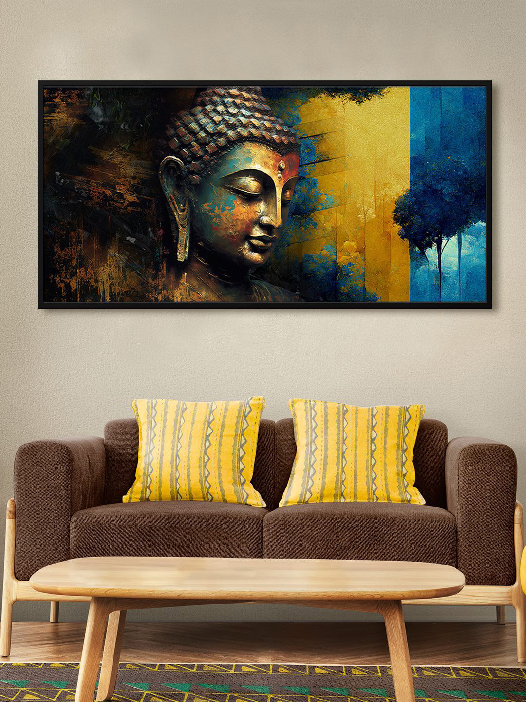 999Store Yellow & Blue Lord Buddha Printed Framed Canvas Wall Art
