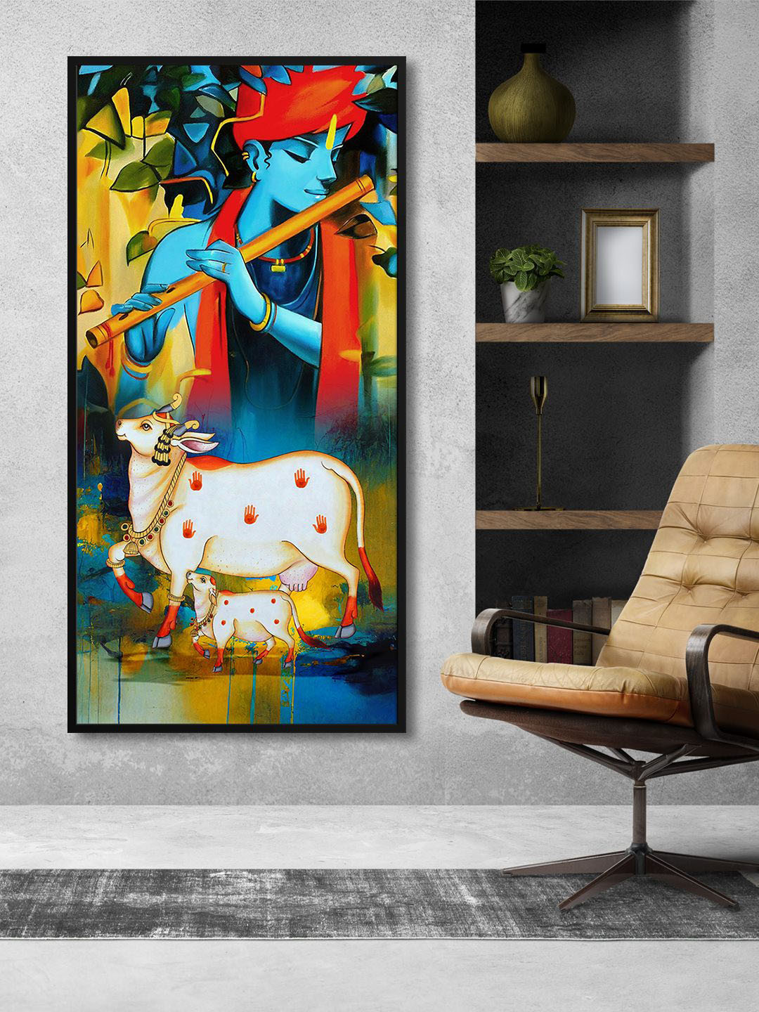 999Store Blue & Yellow Krishna With Cow Printed Framed Canvas Wall Art