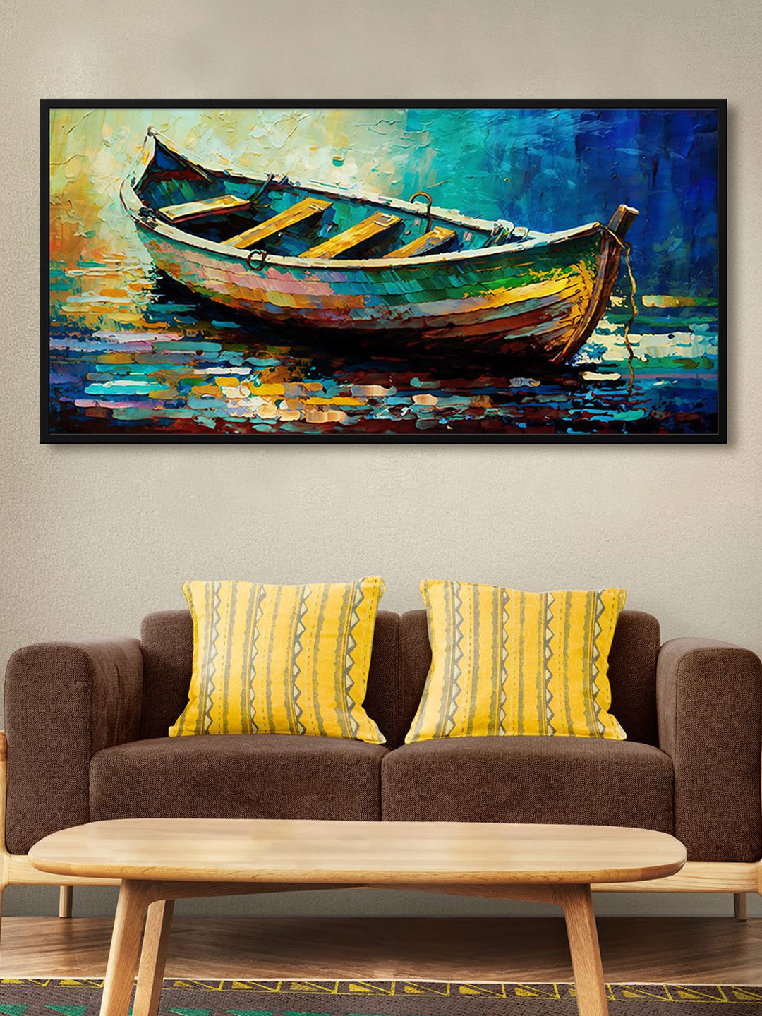999Store Green & Blue Boat Printed Framed Canvas Wall Art