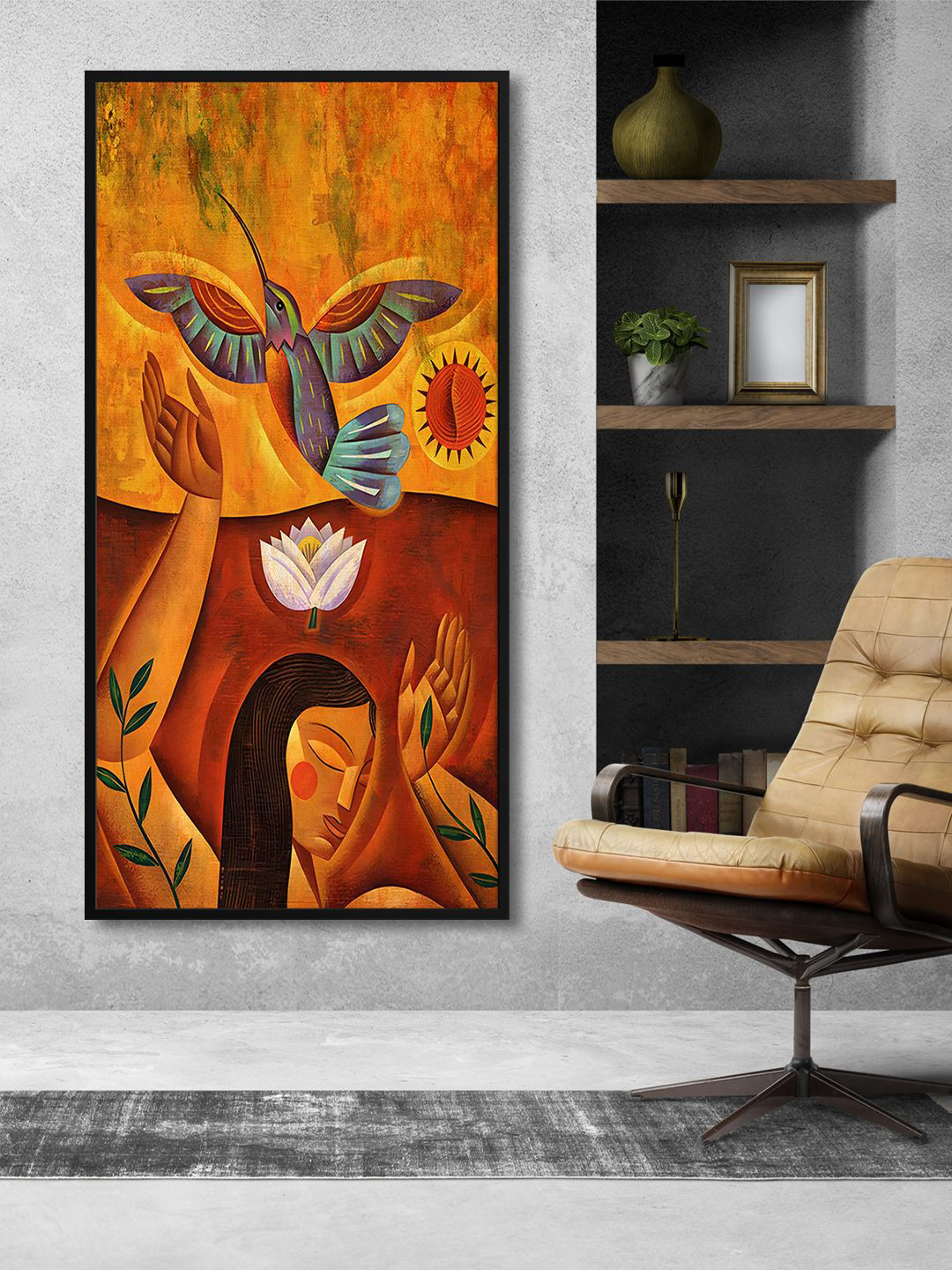 999Store Yellow & Red Woman With Flying Bird Printed Framed Canvas Wall Art