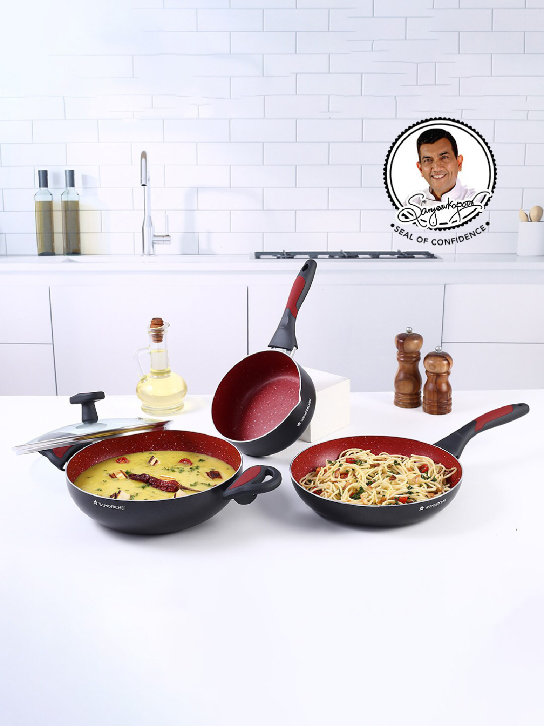Wonderchef Burlington 4 Pieces Black & Red Cookware Set