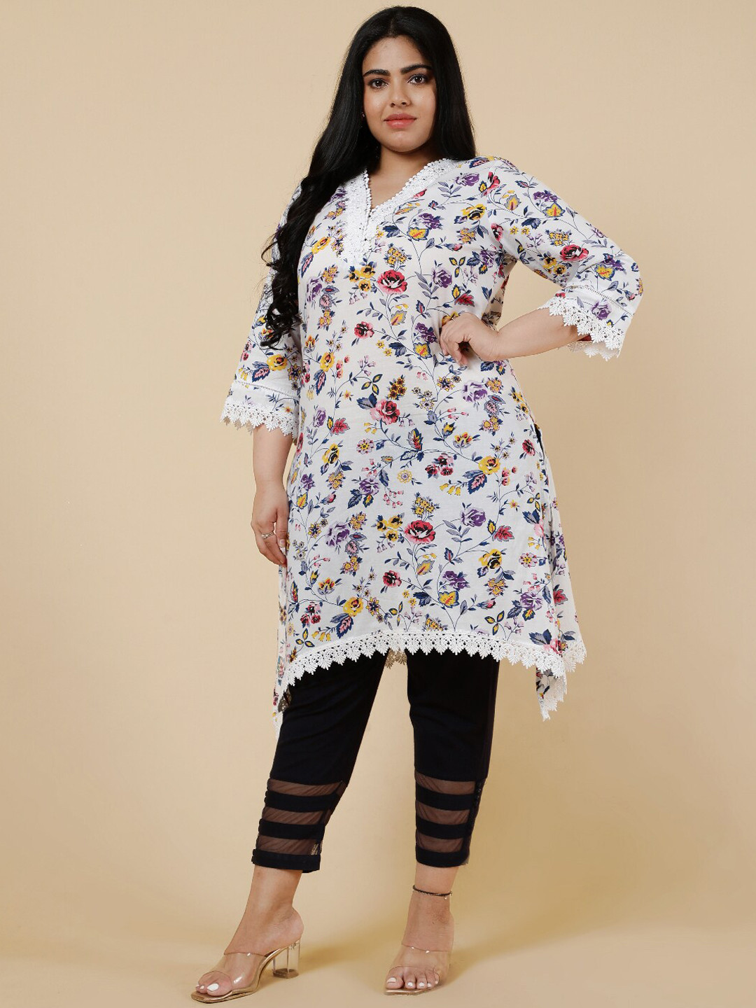 Be Indi Women V-Neck Floral A-Line Side Slits Regular Kurta