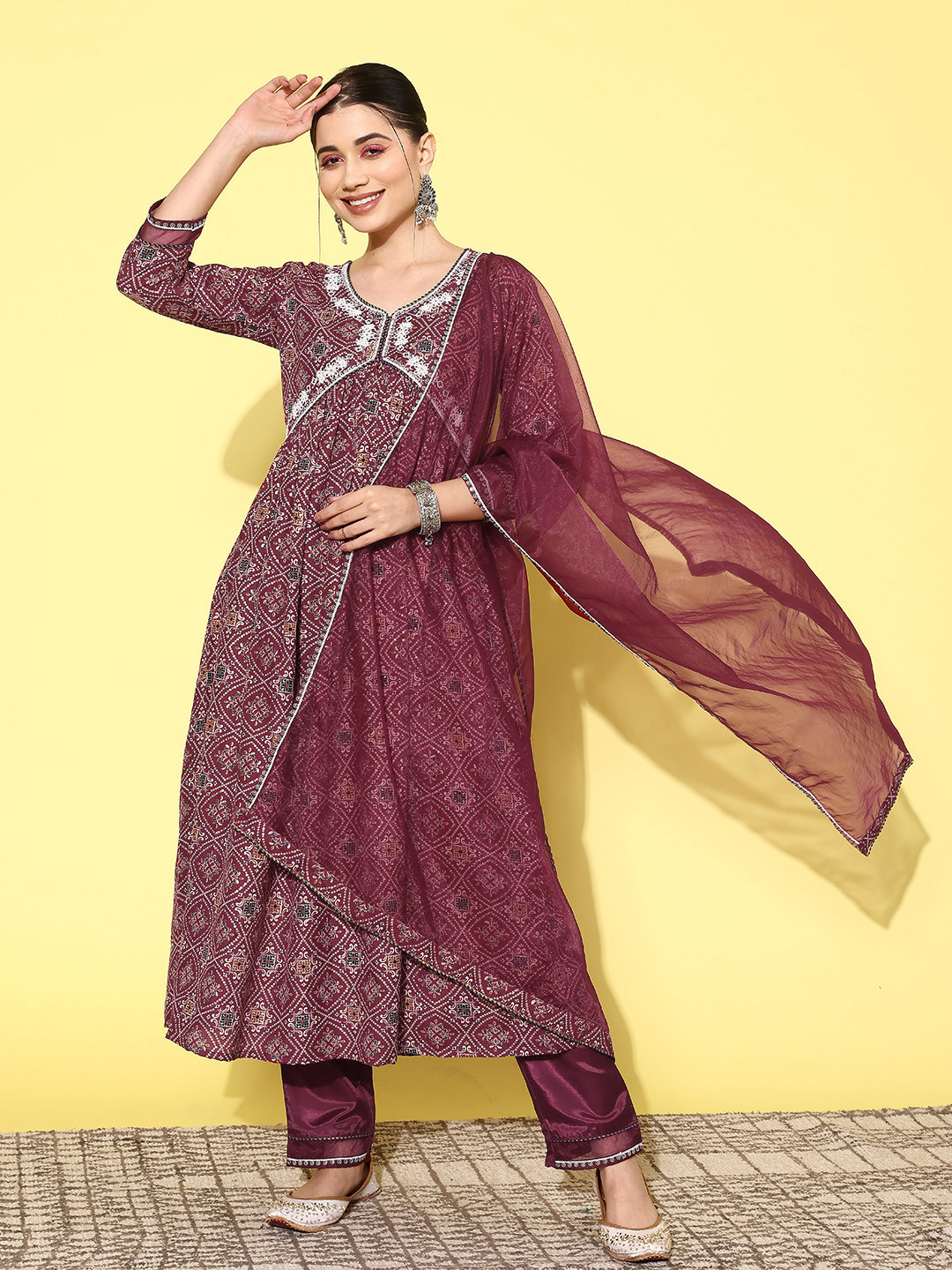 Sangria Bandhani Yoke Design Regular Thread Work Kurta with Trousers & Dupatta