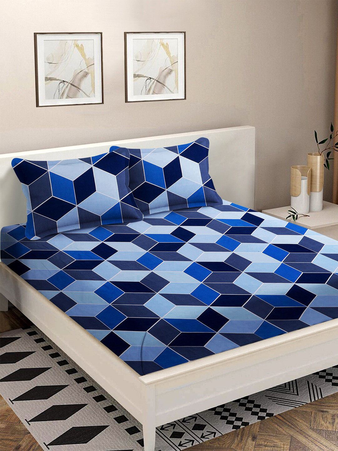 MODEFE Blue & Black Geometric 180 TC Cotton Queen Bedsheet With 2 Pillow Covers