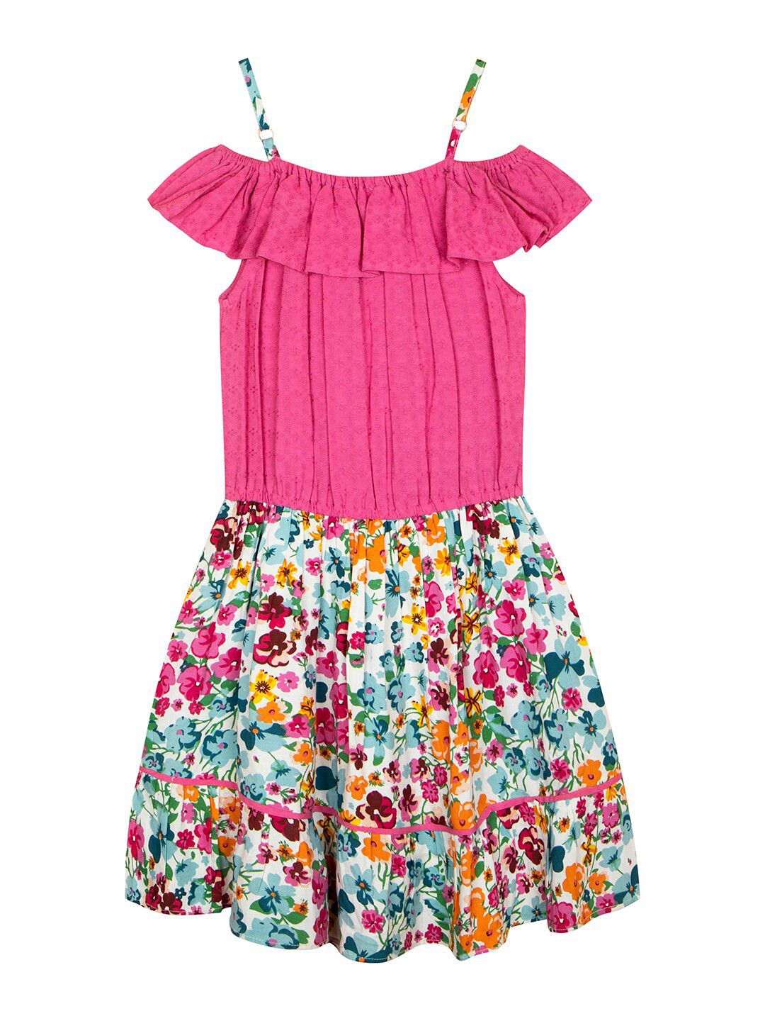Budding Bees Girls Floral Printed Shoulder Straps Ruffled Fit & Flare Dress