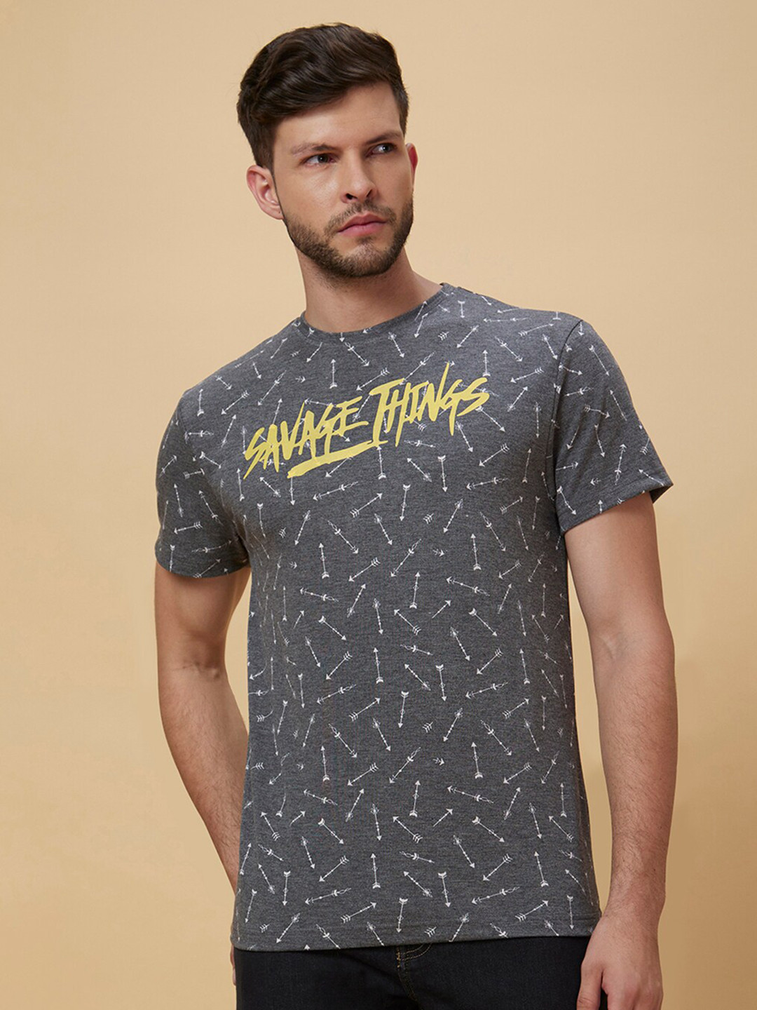 Globus Grey Typography Printed Cotton Knitted T-shirt