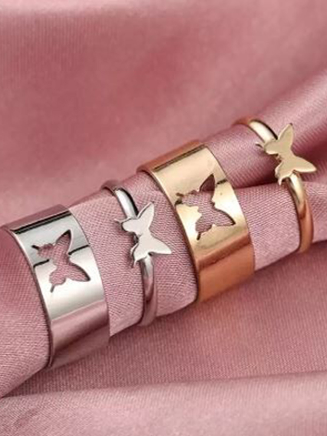 MEENAZ Set Of 4 Silver Gold-Plated & Butterfly Shaped Couple Ring