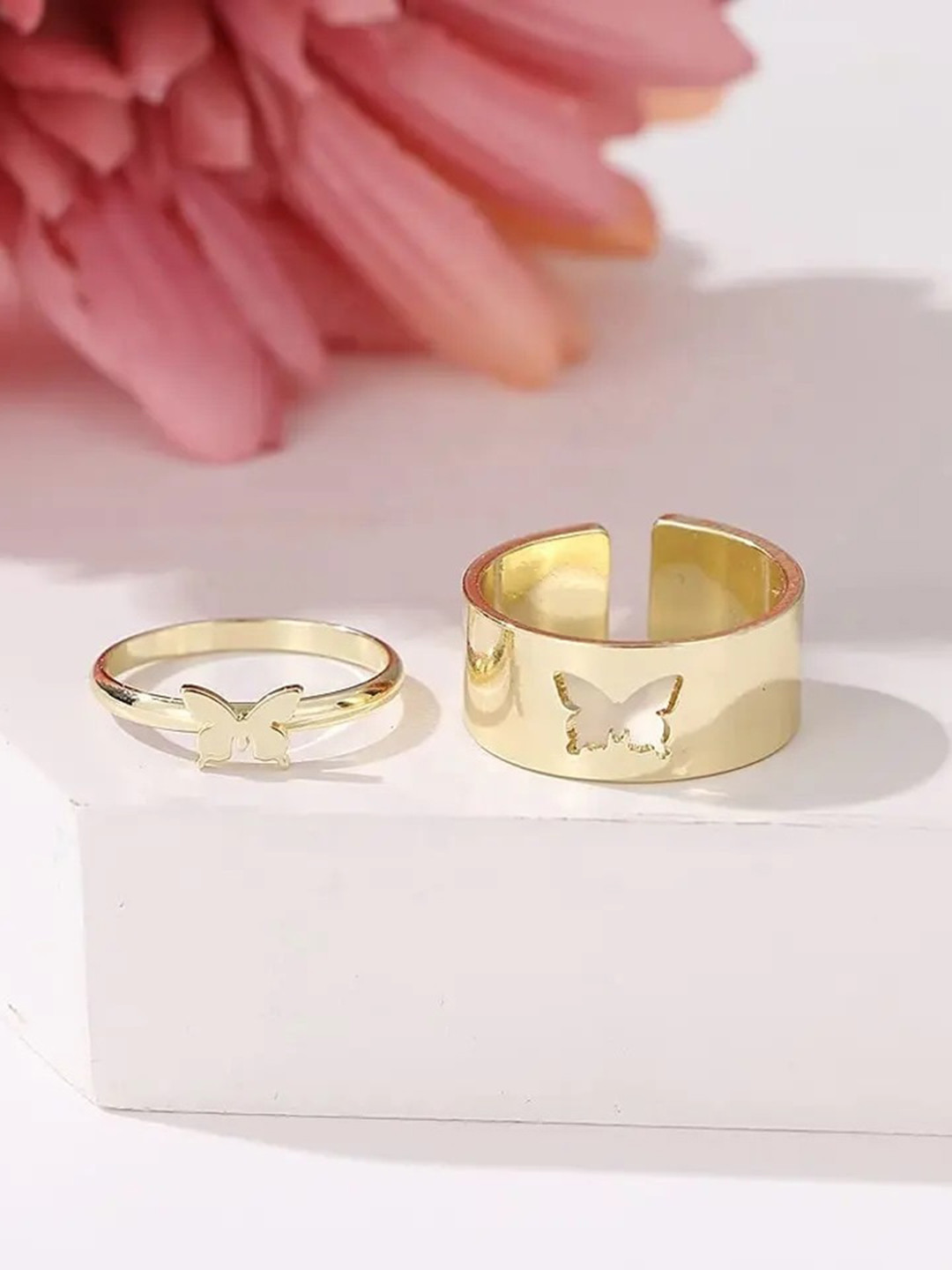 MEENAZ Set Of 2 Silver-Plated Butterfly Charm Stainless Steel Couple Finger Rings