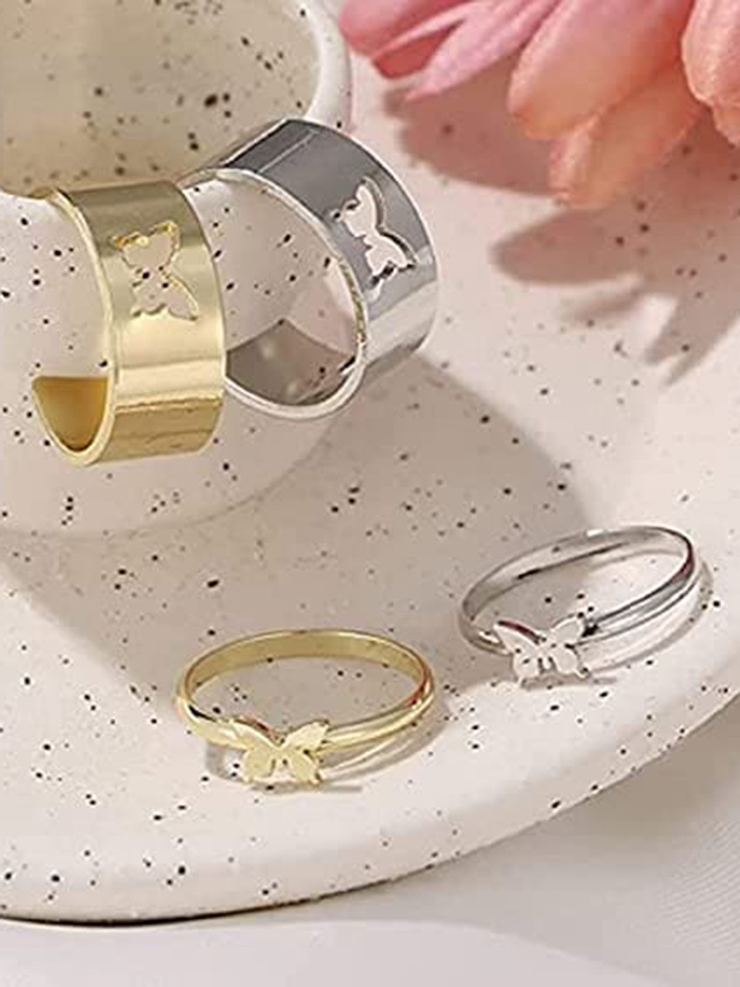 MEENAZ Set of 4 Silver-Plated Couple Finger Rings