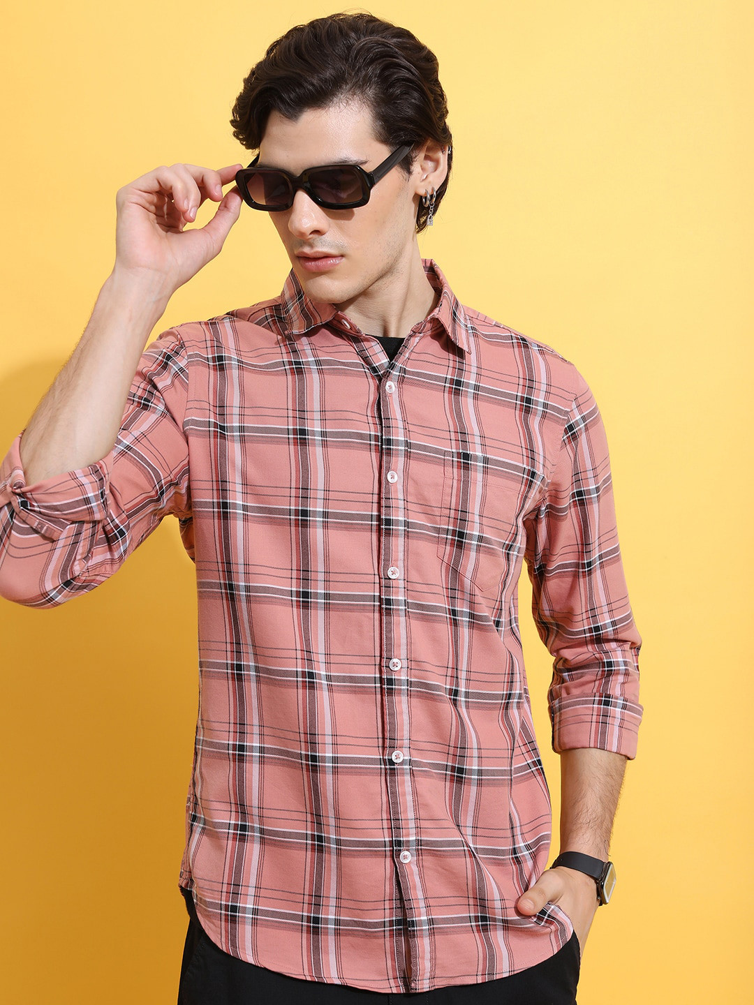 HIGHLANDER Pink Slim Fit Tartan Checks Casual Shirt
