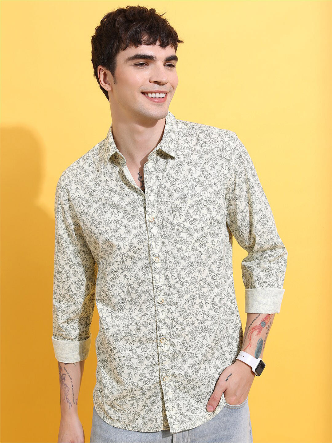 HIGHLANDER Lime Green Floral Printed Spread Collar Slim Fit Cotton Casual Shirt