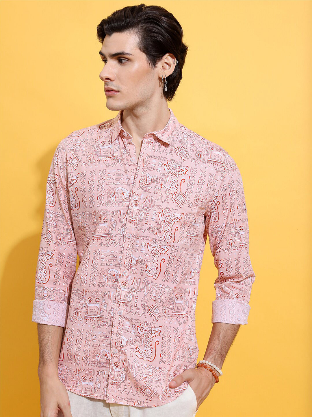 HIGHLANDER Peach-Coloured Slim Fit Tribal Printed Cotton Casual Shirt