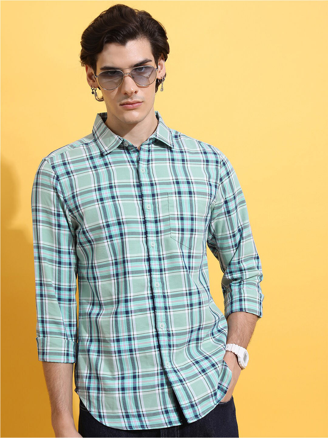 HIGHLANDER Green Slim Fit Tartan Checked Casual Cotton Shirt