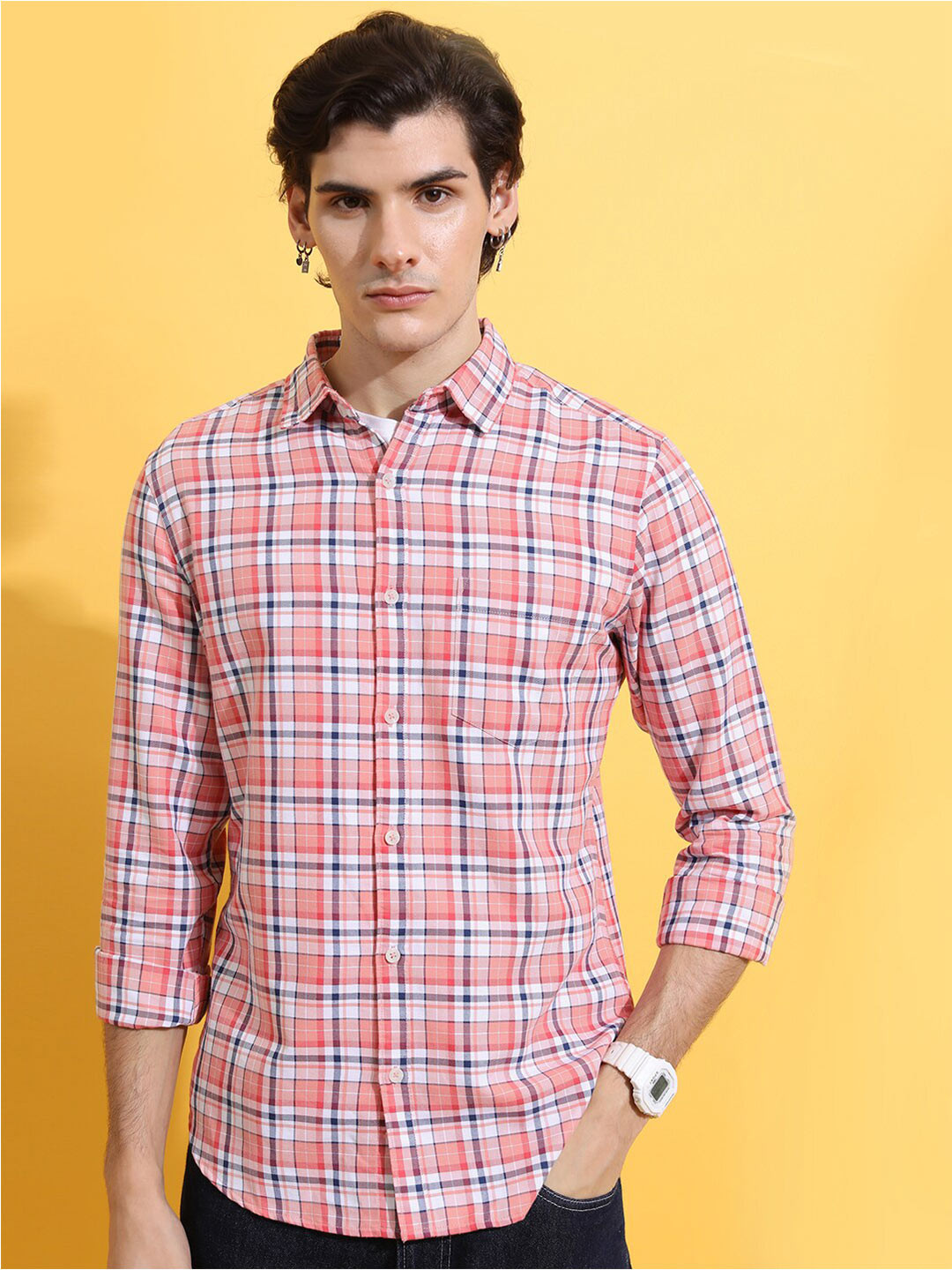 HIGHLANDER Coral Slim Fit Tartan Checked Casual Cotton Shirt