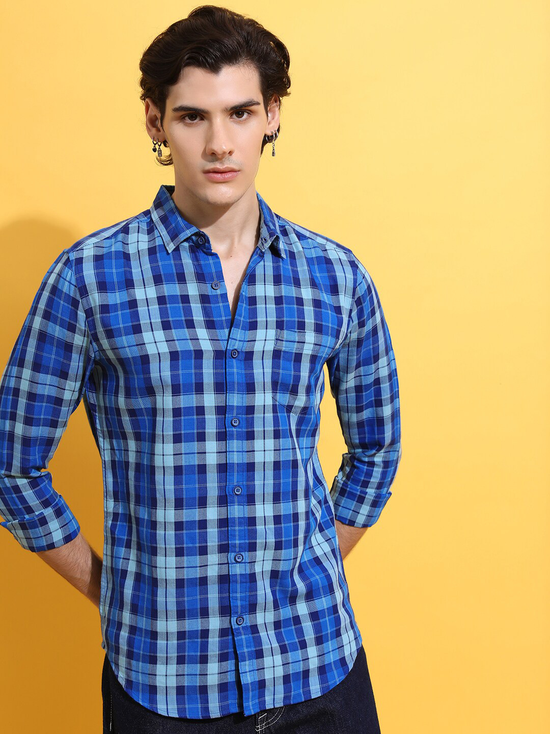 HIGHLANDER Blue Tartan Checked Spread Collar Slim Fit Casual Shirt