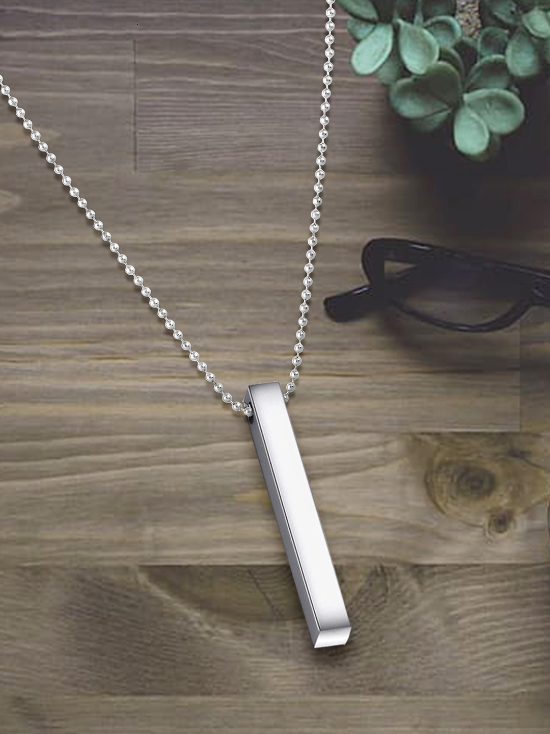 MEENAZ Silver Plated Stainless Steel Vertical Stick Anchor Pendants with Chain