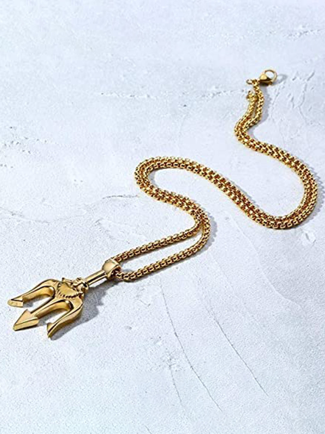 MEENAZ Men Gold-Plated Trident-Charm Pendant With Chain