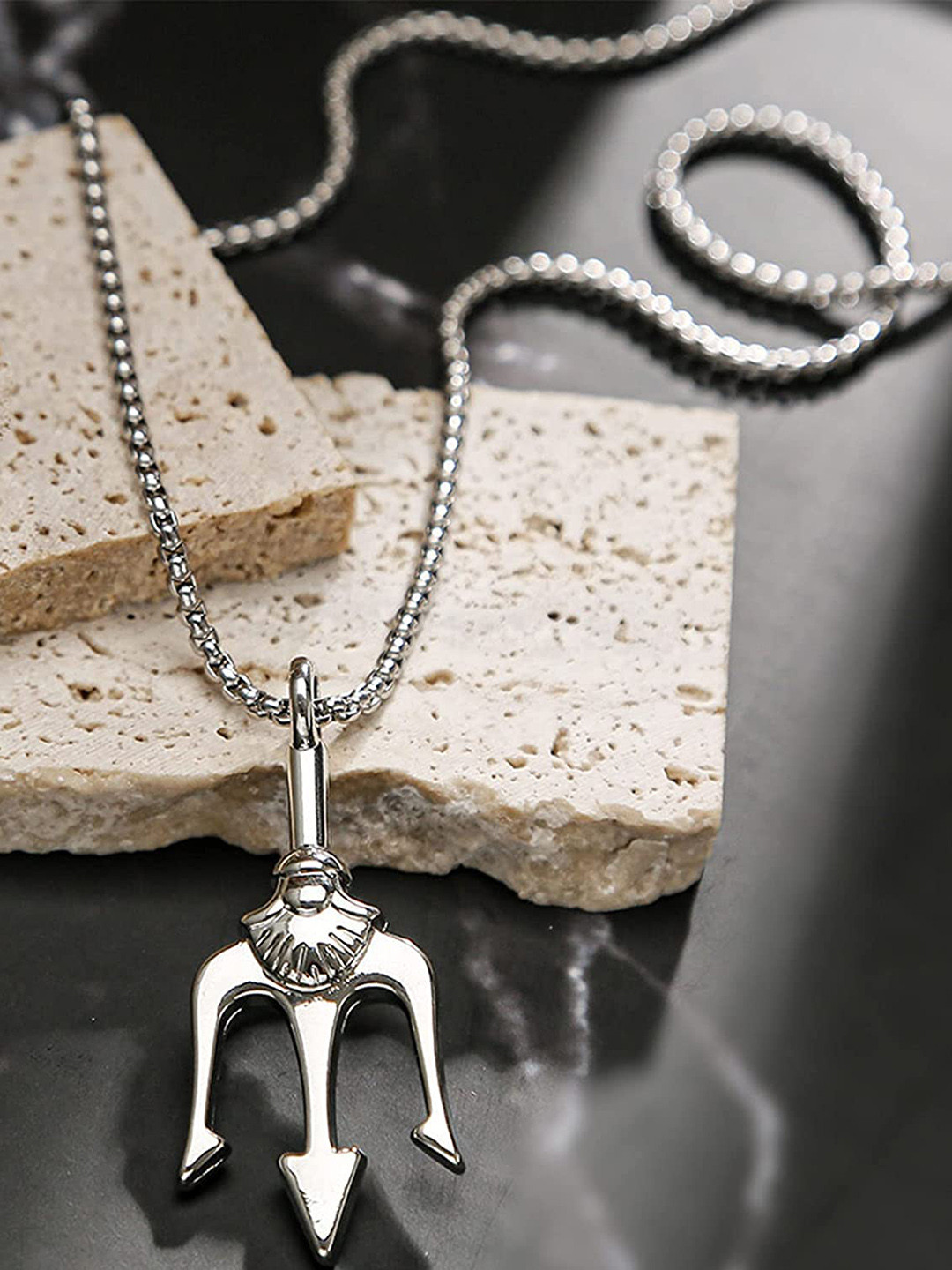 MEENAZ Men Silver-Plated Stainless Steel Trident Pendant With Chain