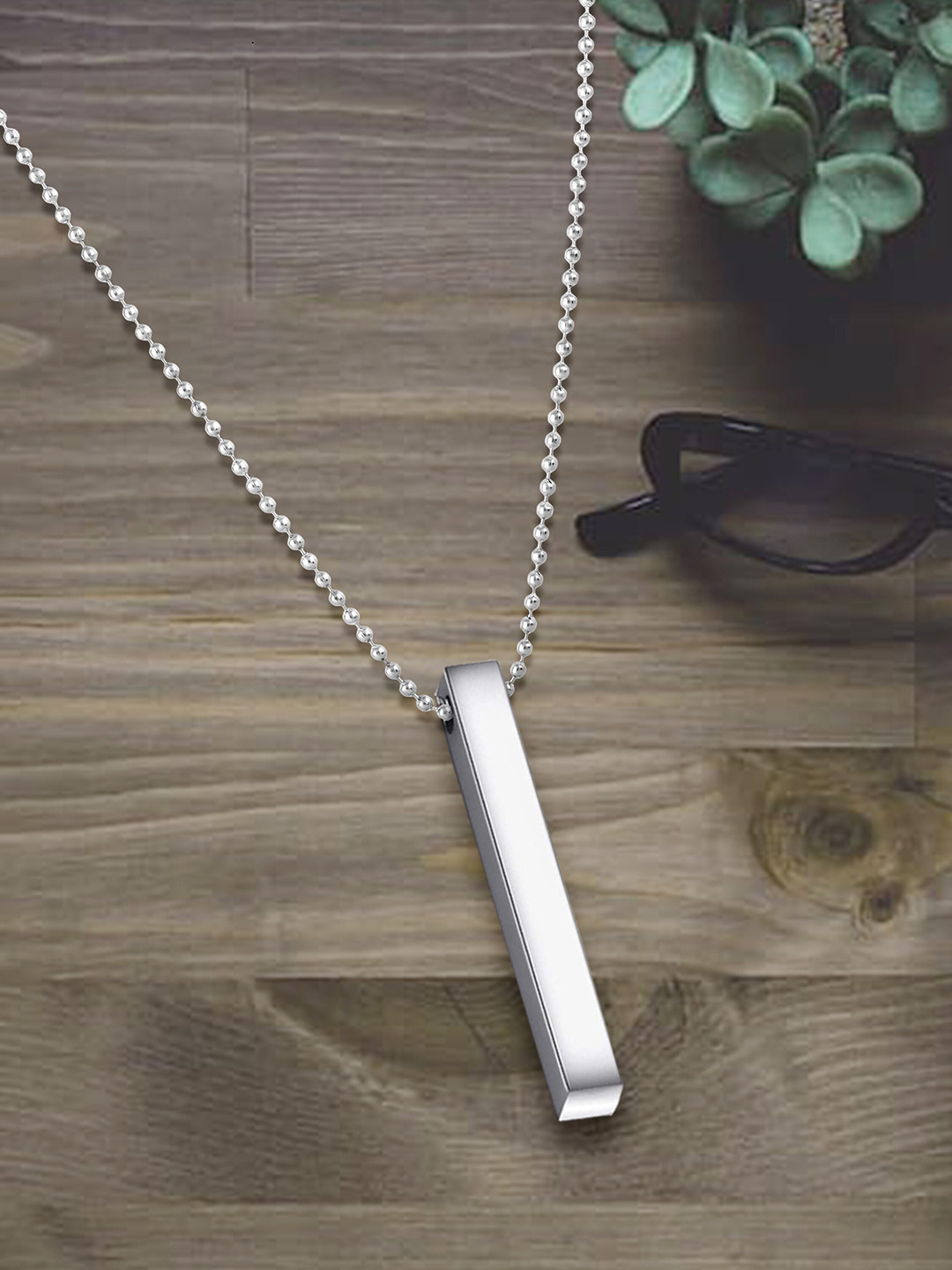 MEENAZ Men Oxidised Silver-Plated Bar-Shaped Pendant With Chain