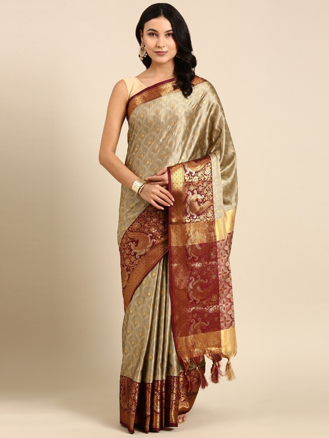 Mitera Beige & Red Woven Design Zari Mysore Silk Saree