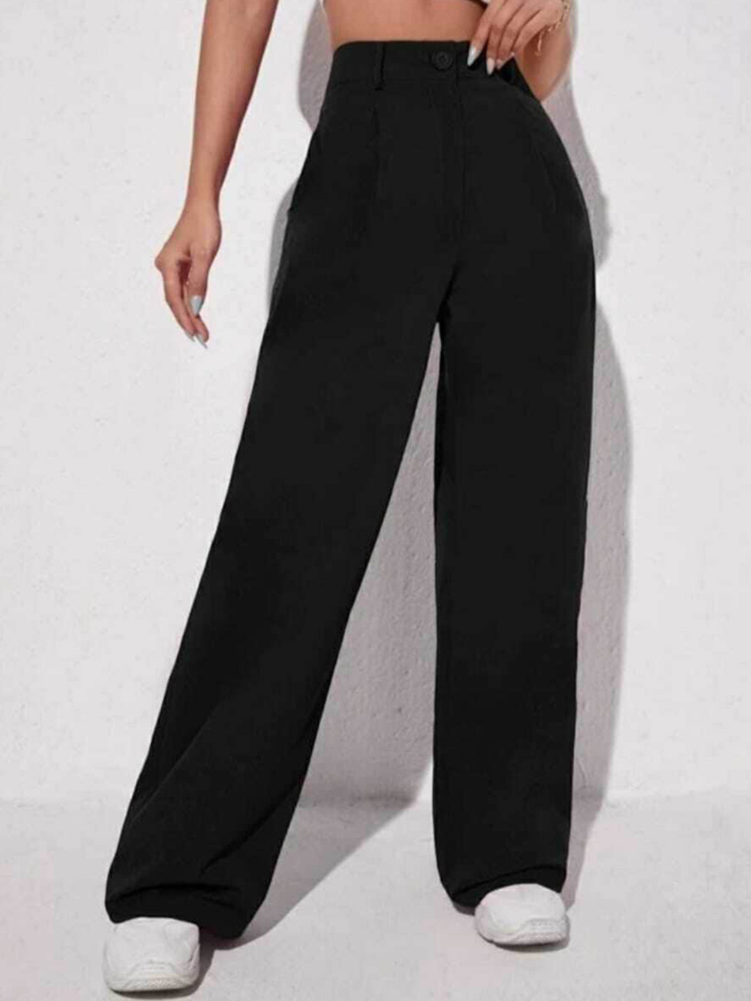 Next One Women Relaxed Straight Leg Loose Fit High-Rise Easy Wash Pleated Trousers