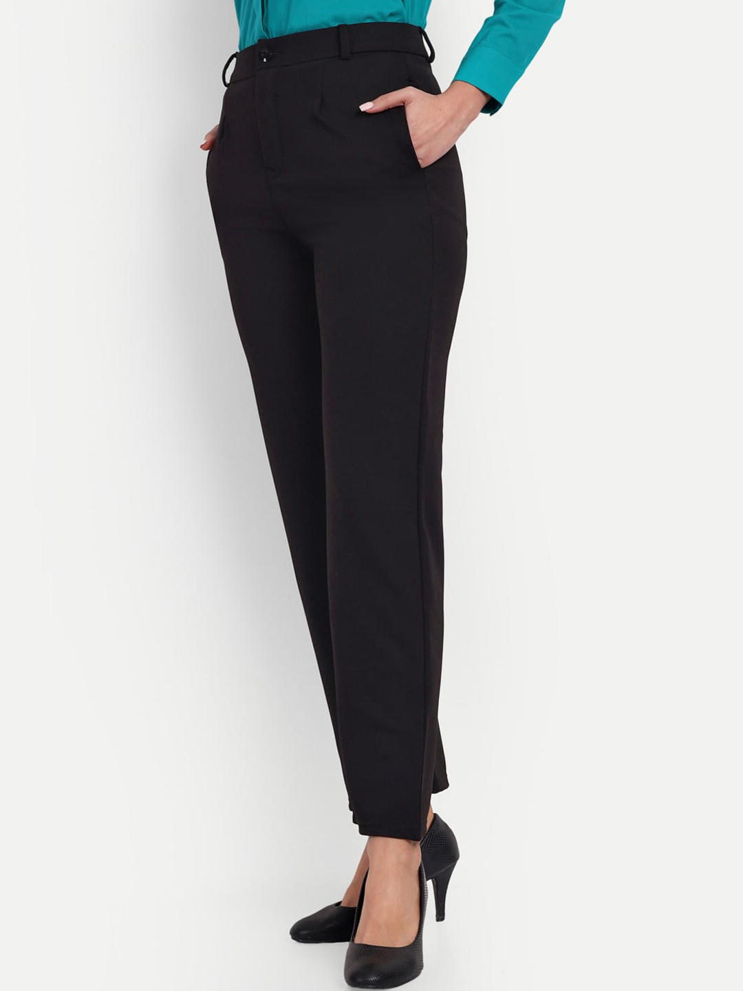 Next One Women Black Classic Straight Fit High-Rise Easy Wash Formal Parallel Trousers