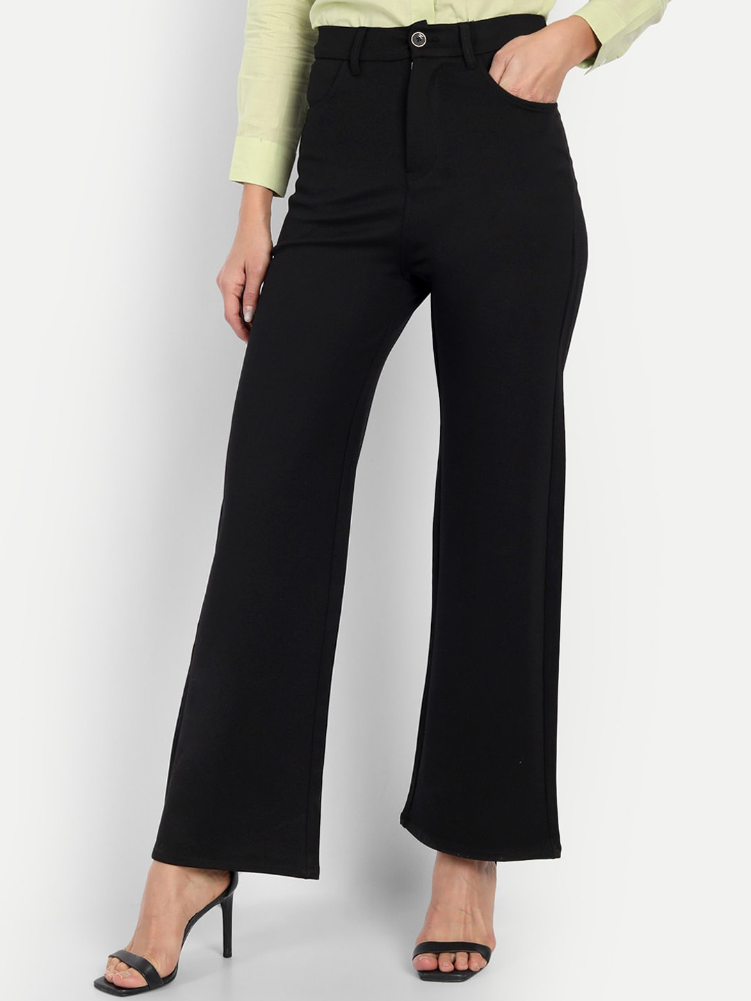 Next One Women Black Smart Straight Fit High-Rise Easy Wash Formal Parallel Trousers