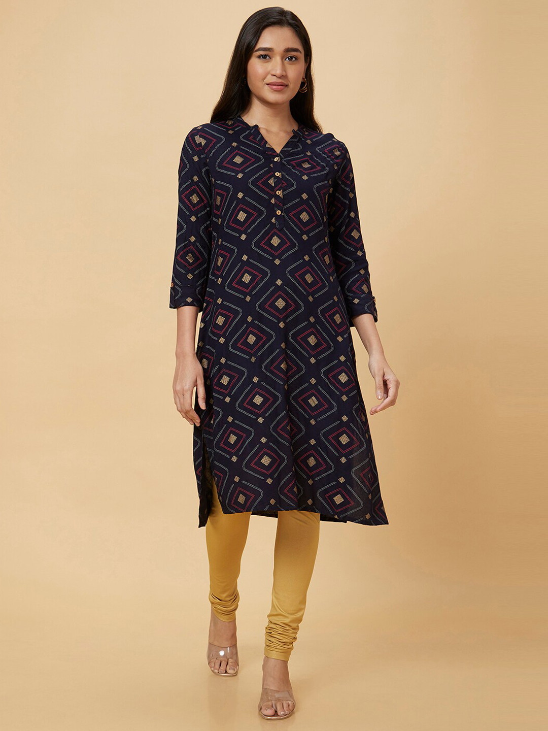 Globus Navy Blue & Yellow Colour Geometric Printed Mandarin Collar Straight Kurta