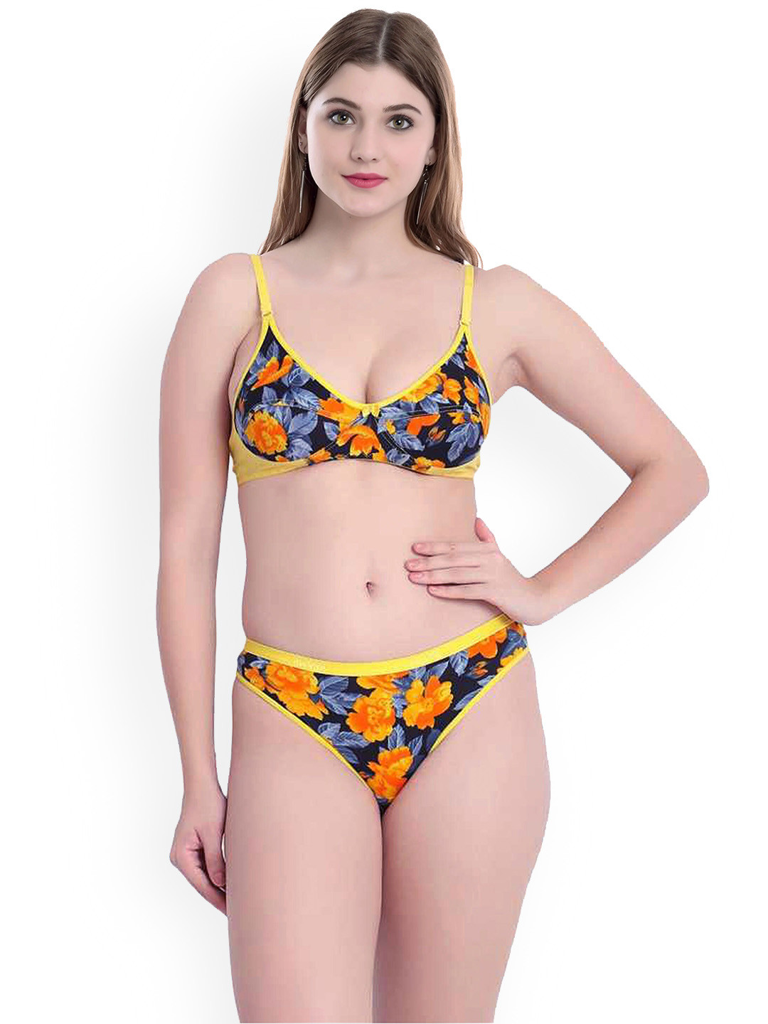 AROUSY Printed Cotton Non Padded Lingerie Set BY_Sunflower Set_Yellow_38