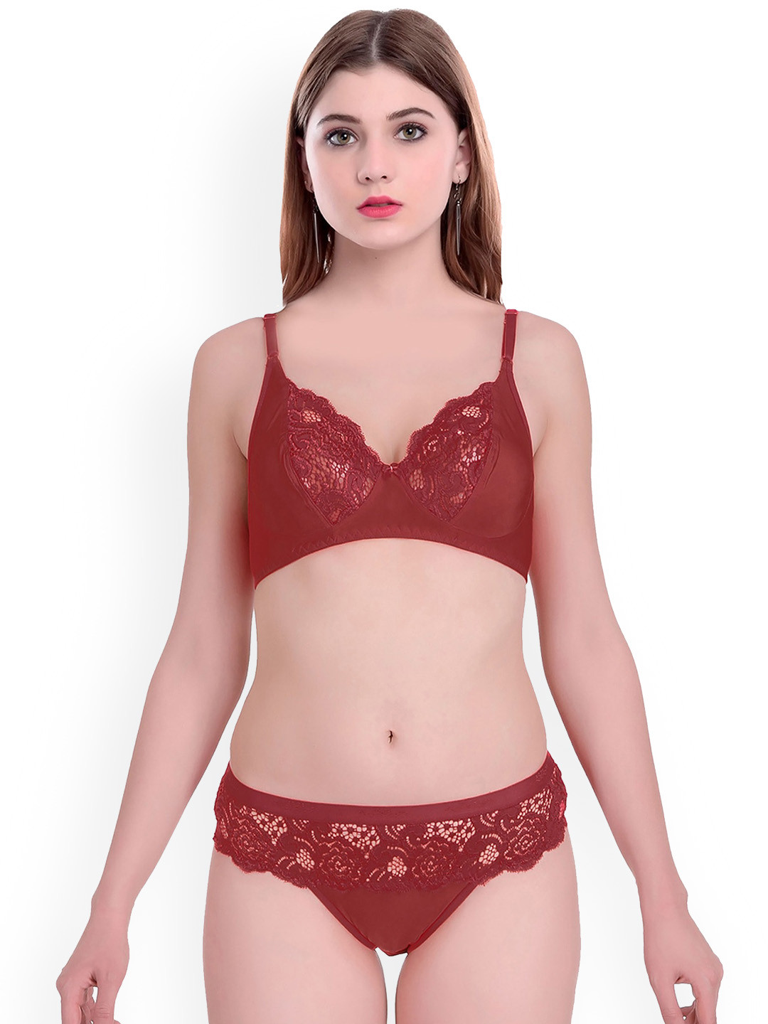 AROUSY Self Design Laced Cotton Lingerie Set BY_Cate Set_Maroon_38