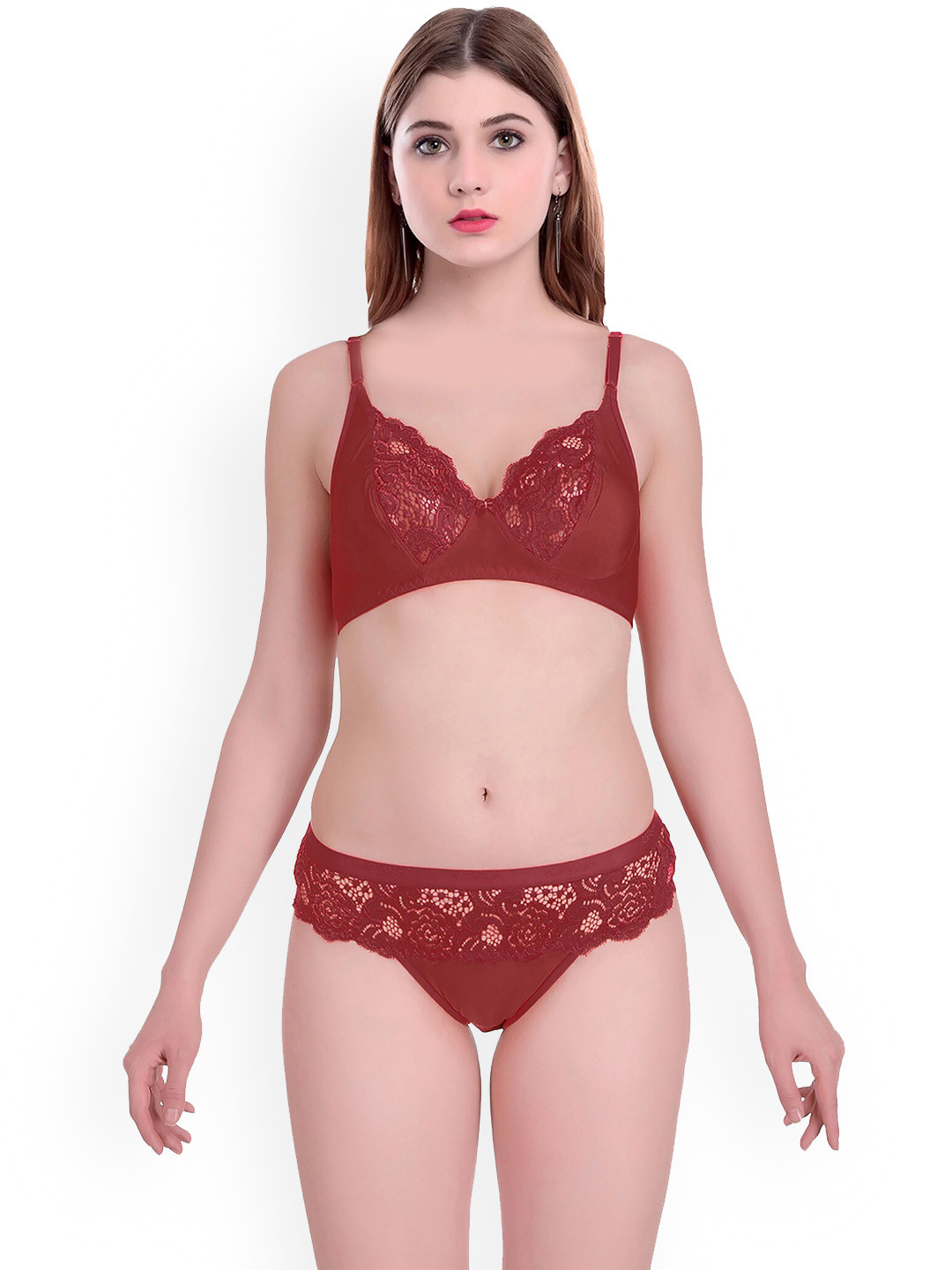 AROUSY Self Design Cotton Non Padded Cotton Lingerie Set BY_Cate Set_Maroon_36