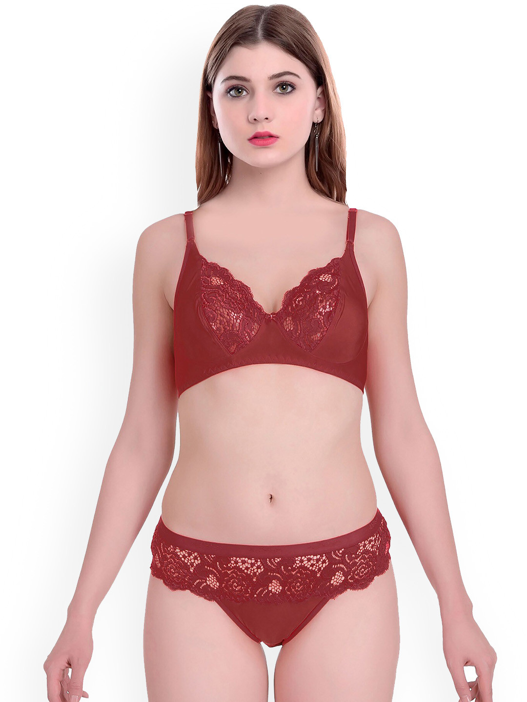 AROUSY Women Non-Padded Lace Detailed Cotton Lingerie Set BY_Cate Set_Maroon_40