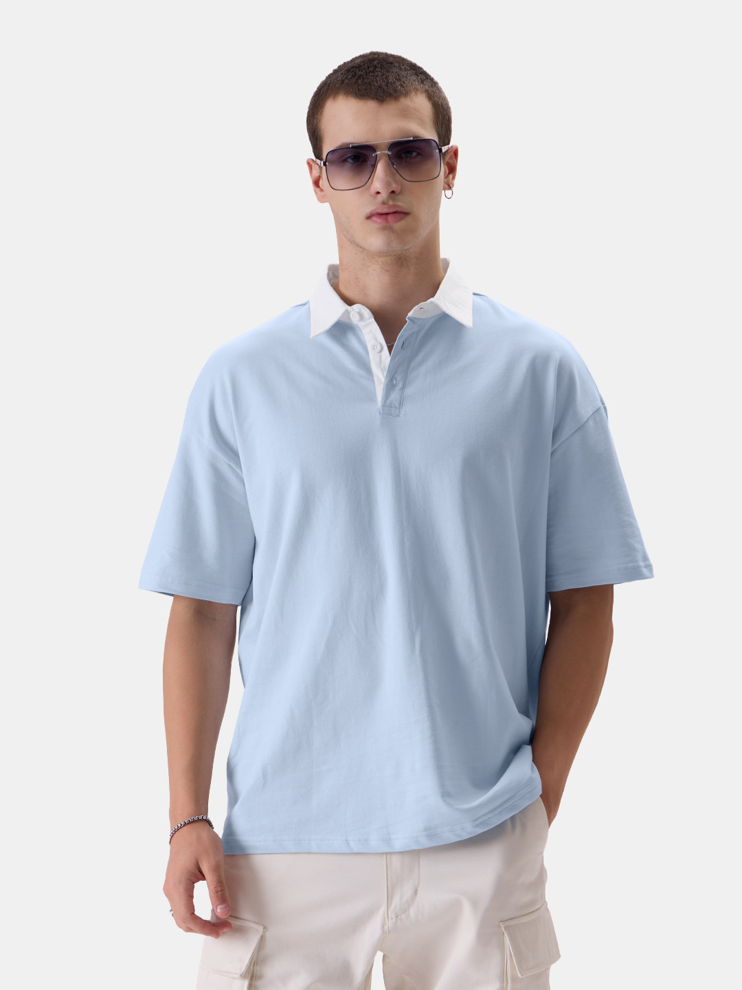 The Souled Store Blue Polo Collar Drop Shoulder Sleeves Pure Cotton T-shirt