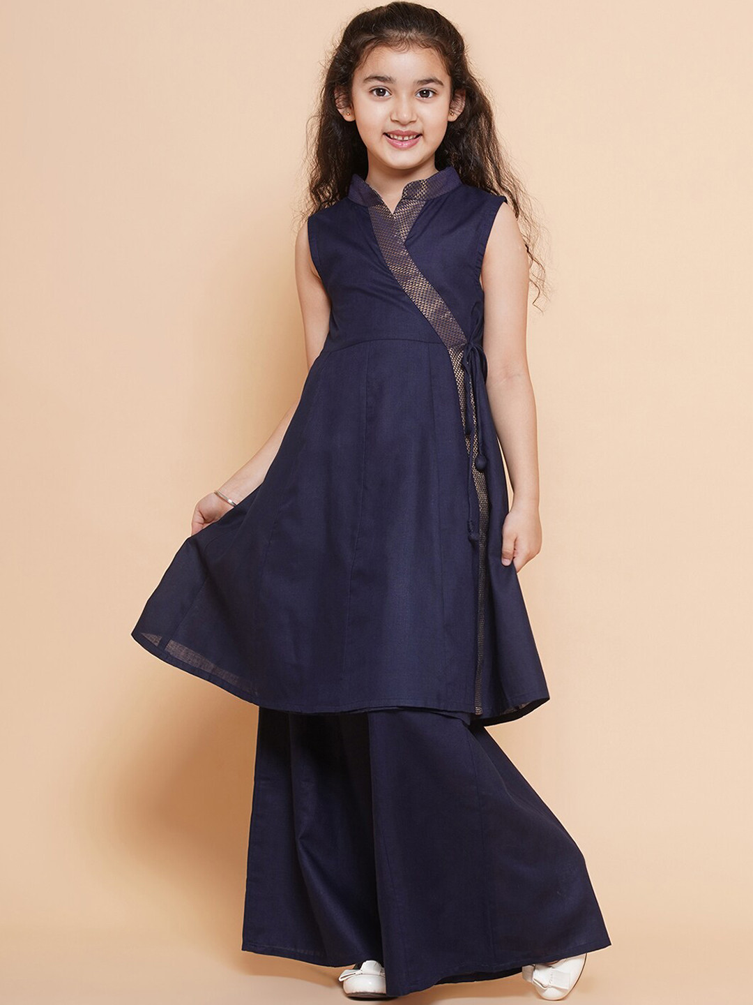 Bitiya by Bhama Girls Mandarin collar Sleeveless Angrakha Kurta with Palazzos