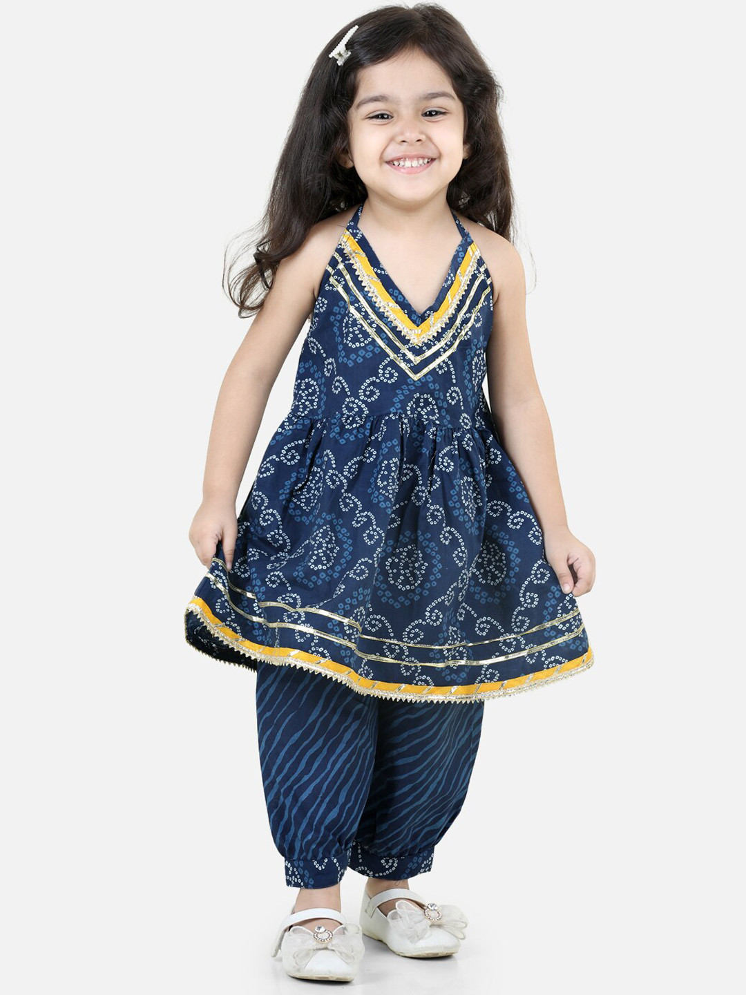 BownBee Girls Blue Bandhani Printed Regular Pure Cotton Kurta with Harem Pants
