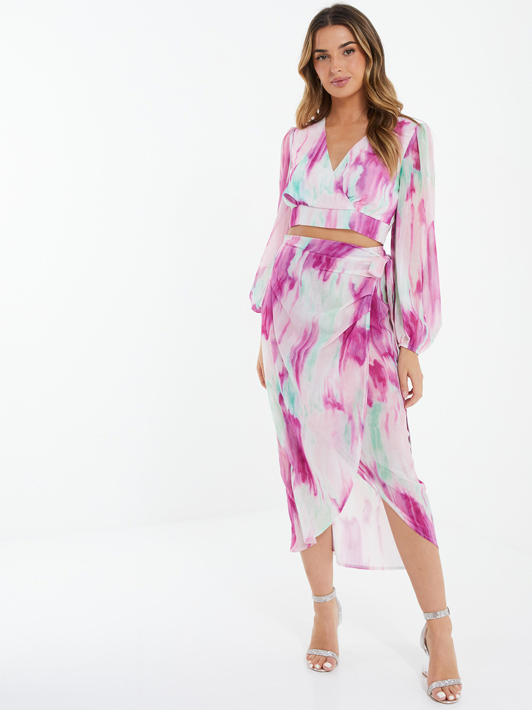 QUIZ Abstract Printed V-Neck Puff Sleeves Wrap Top