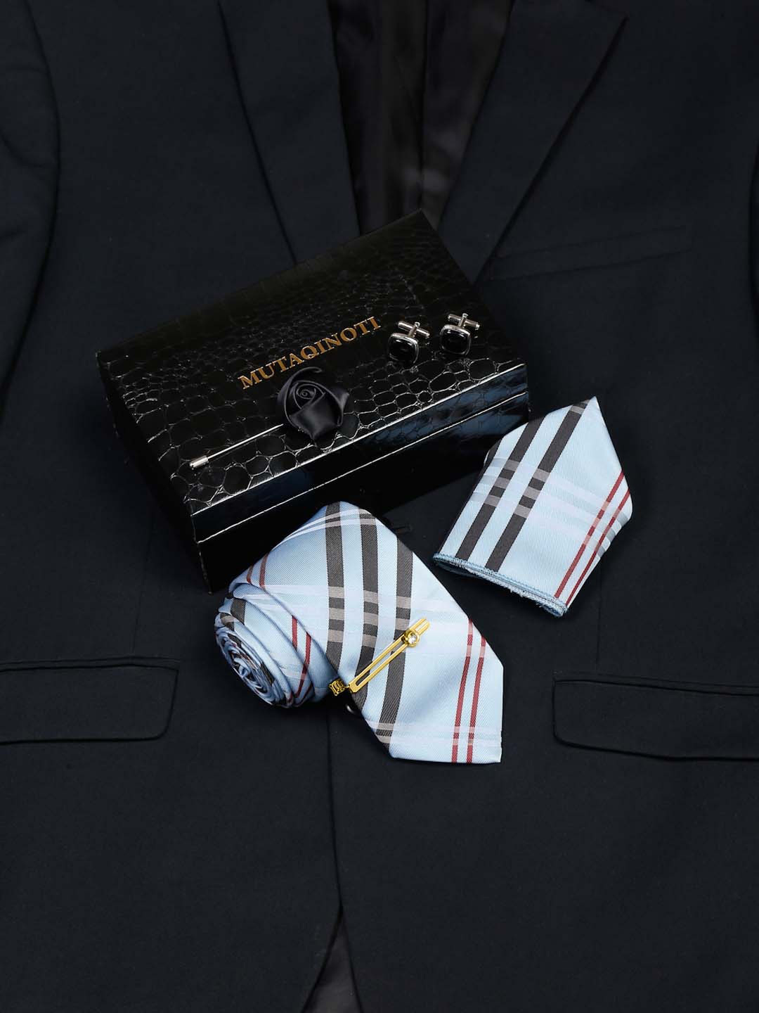 MUTAQINOTI Men Beau Blue Micro Silk Necktie Accessory Gift Set