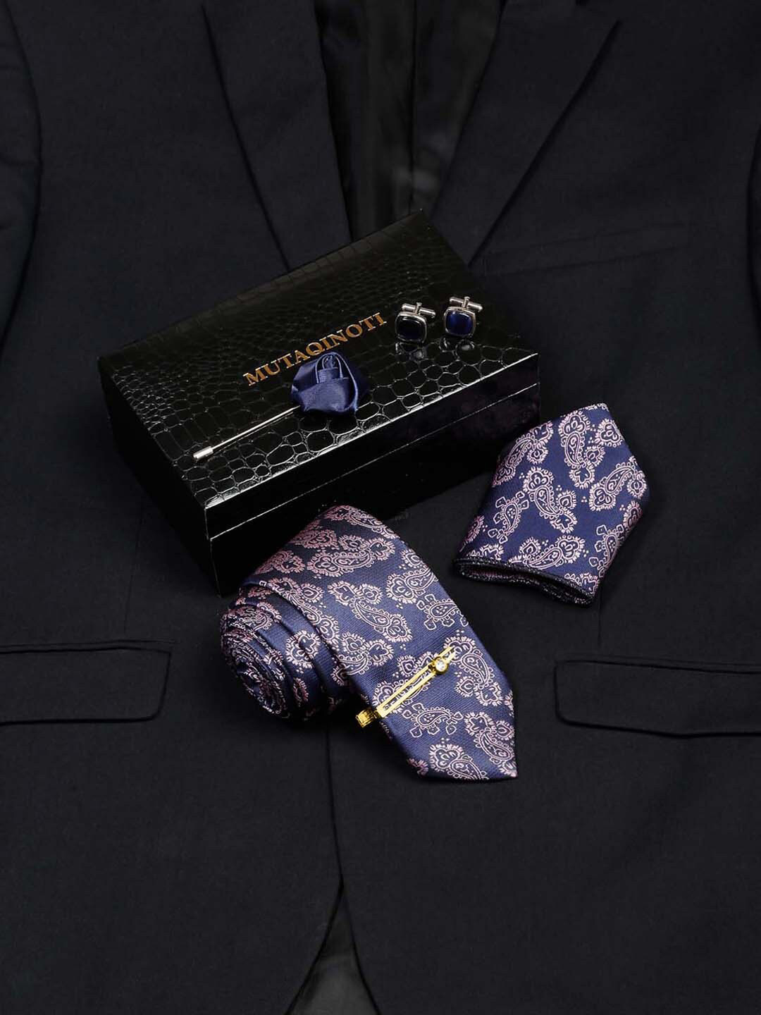 MUTAQINOTI Men Astros Navy Blue Micro Silk Necktie Accessory Gift Set